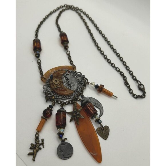 Moon & Stars Necklace Acrylic Steampunk Celestial Charm Gunmetal Chain BoHo Chic - Picture 3 of 16